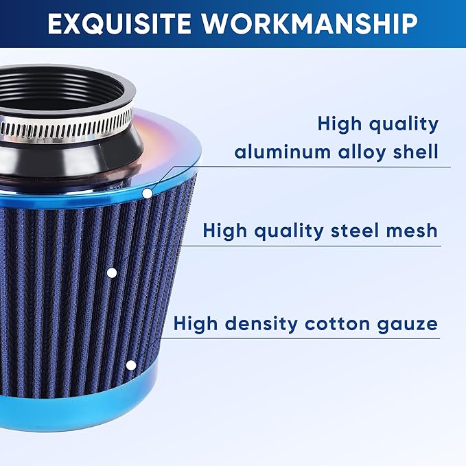 Universal Cold Air Intake Filter Clamp-On Replacement Air Filter Flange Diameter 3 inches/76mm High Performance Washable Filter Blue
