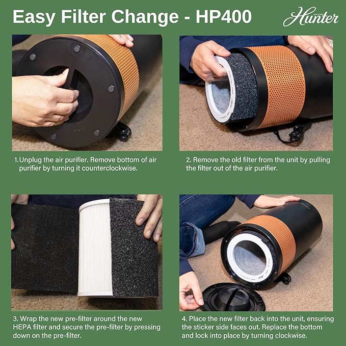 Hunter HP400 Round Air Purifiers for Home, True HEPA Air Purifier Tower for Pets, Odors, Allergens, Smoke, Dust, VOC's. HEPA Air Purifiers for Bedroom and Small Room, Aqua and Silver