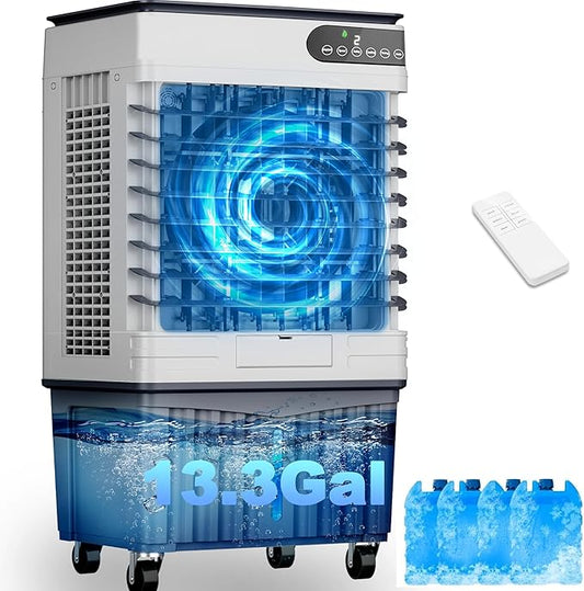 Swamp Cooler Air Conditioners, Large 13.3-Gal Tank for 7d Cooling, 4-IN-1 Portable Evaporative Cooler with LED Touch Screen, 3 Fan Speeds,12H Timer and Remote, 1000 sq ft, Ideal for Large Rooms
