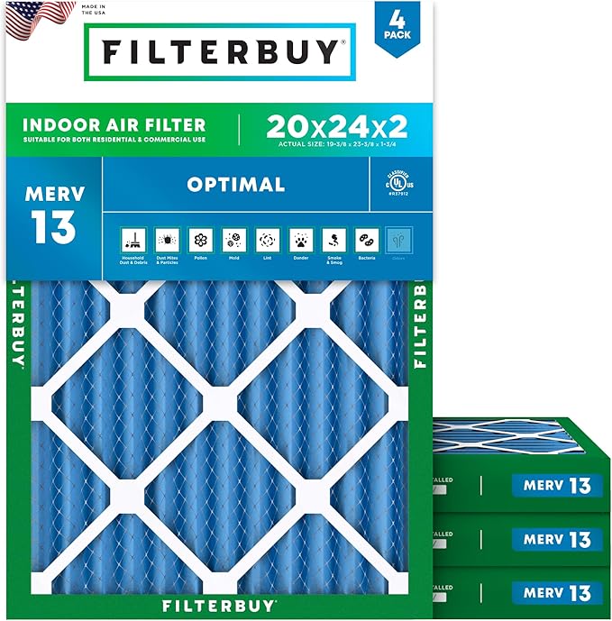 Filterbuy 20x24x2 Air Filter MERV 13 (MPR 1900) Health Defense Replacement (4-Pack), Electrostatic Pleated HVAC AC Furnace Filters, Made in USA (Actual Size: 19.38 x 23.38 x 1.75)