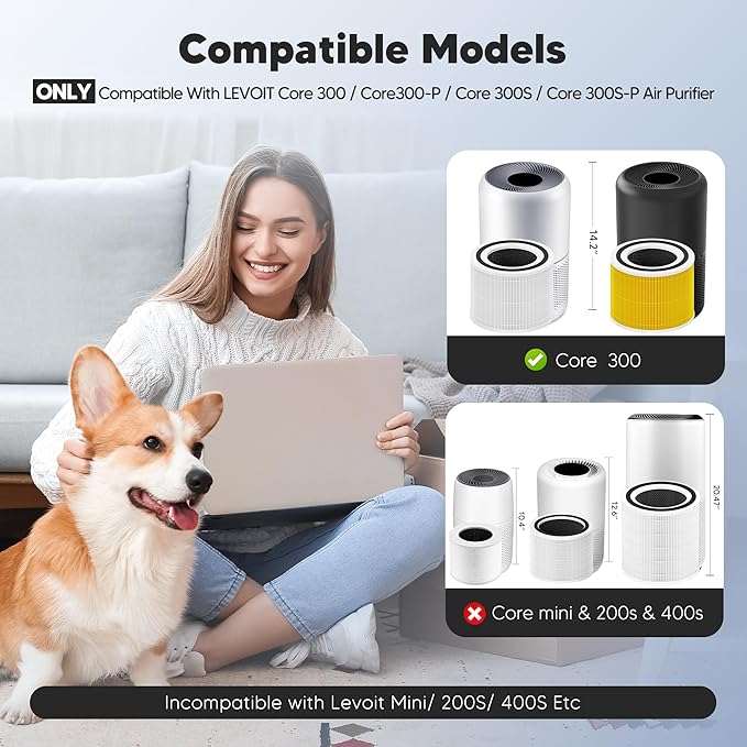 Core 300 Pet Care Replacement Filter for LEVOIT Core 300, Core 300S and Core 300-P Air Purifier, 3-in-1 H13 True HEPA Filter Replacement, Compared to Part # Core 300-RF-PA, 4 Pack, Yellow