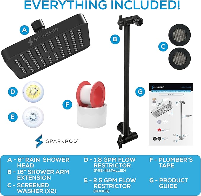 SparkPod Square Rain Shower Head with Shower Head Extension Arm - High Pressure Rain - Luxury Modern Look - No Hassle Tool-less 1-Min Installation (16" Shower Arm Extension, Midnight Black Matte)