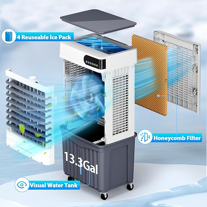 Swamp Cooler Air Conditioners, Large 13.3-Gal Tank for 7d Cooling, 4-IN-1 Portable Evaporative Cooler with LED Touch Screen, 3 Fan Speeds,12H Timer and Remote, 1000 sq ft, Ideal for Large Rooms