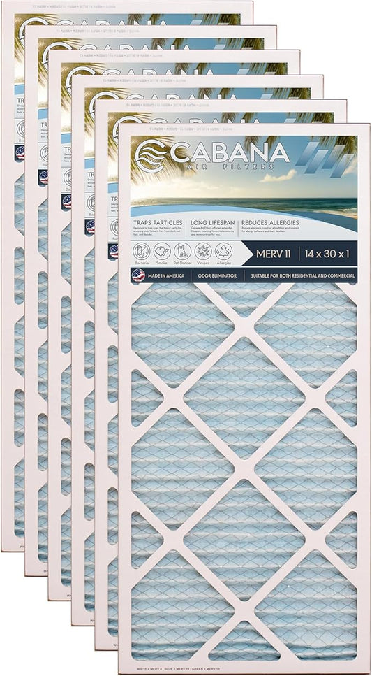 Cabana Filters 14x30x1 AC Furnace Air Filter, Merv 11 Capture Unwanted Particles, Pleated Furnace Filter HVAC AC Filters - Made in the USA - 6 Pack