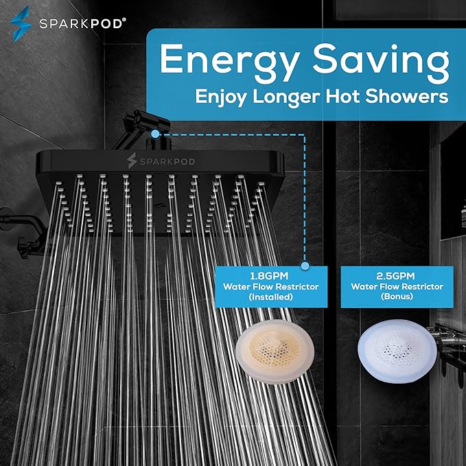 SparkPod Shower Head - High Pressure Rain - Premium Quality Luxury Design - 1-Min Install - Easy Clean Adjustable Replacement for Your Bathroom Shower Heads (Midnight Black Matte, 8 Inch Square)