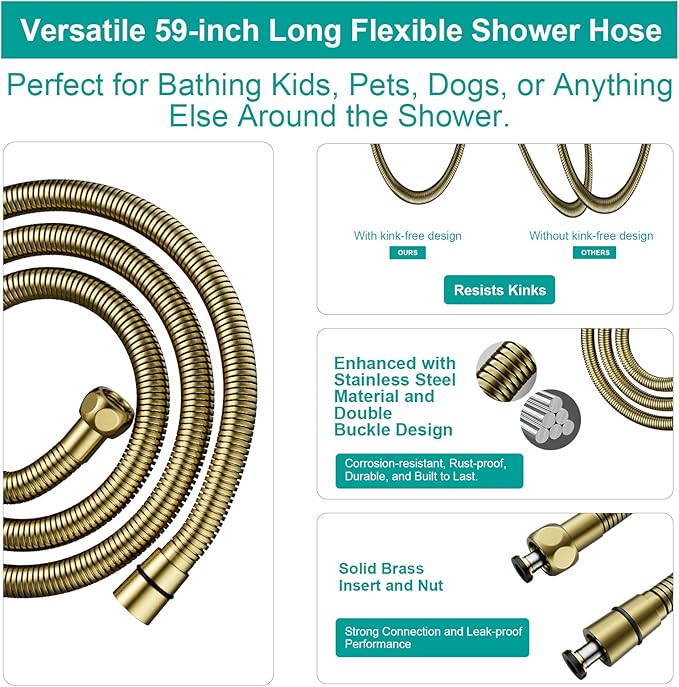 Shower Slide Bar Handheld Shower Head with Hose, 5-Function Hand Shower with Wall Mount，shower slide bar,adjustable height shower head (A-round, Brushed Gold)