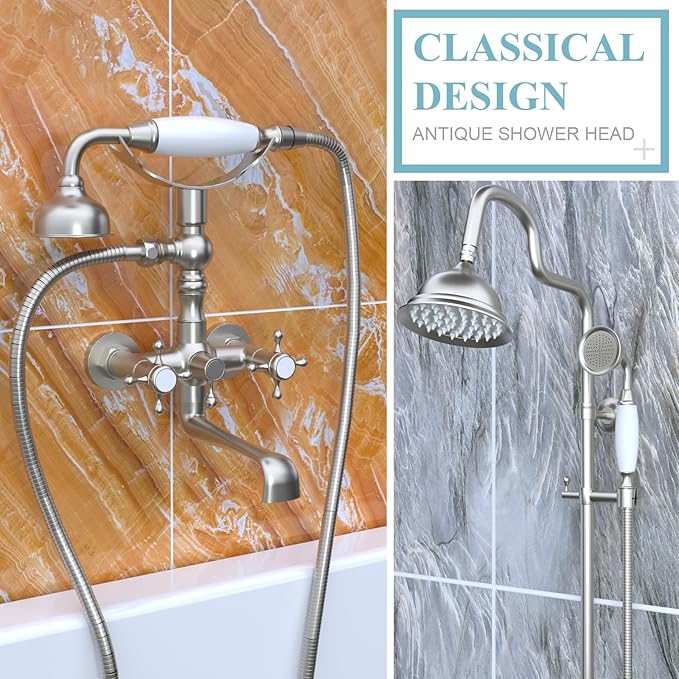 HOMEDEC Vintage Handheld Shower Head with 59inch Flexible Hose High-Pressure Antique Rain Showerhead Combo Replacement No Wand Holder, Round Telephone Shape, Brushed Nickel