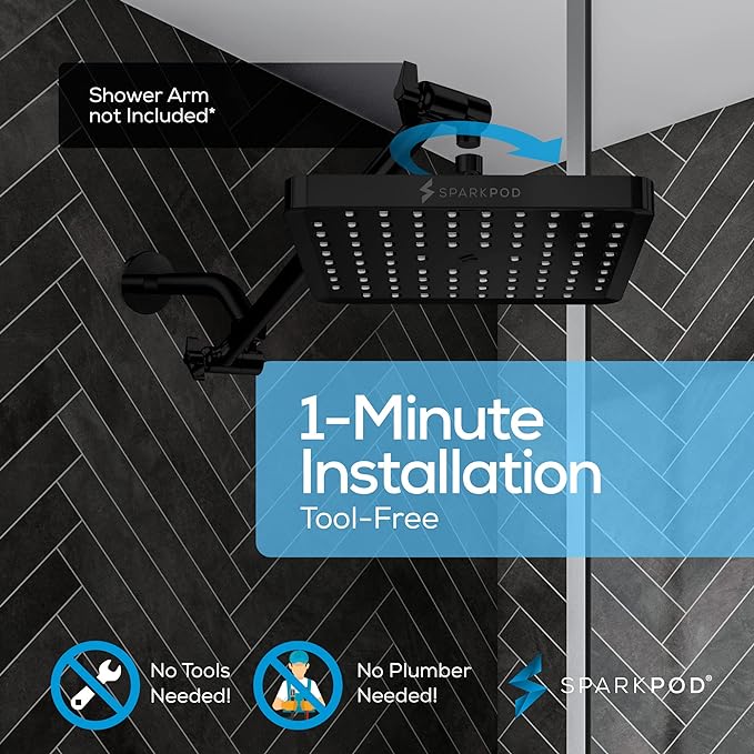 SparkPod Shower Head - High Pressure Rain - Premium Quality Luxury Design - 1-Min Install - Easy Clean Adjustable Replacement for Your Bathroom Shower Heads (Midnight Black Matte, 8 Inch Square)