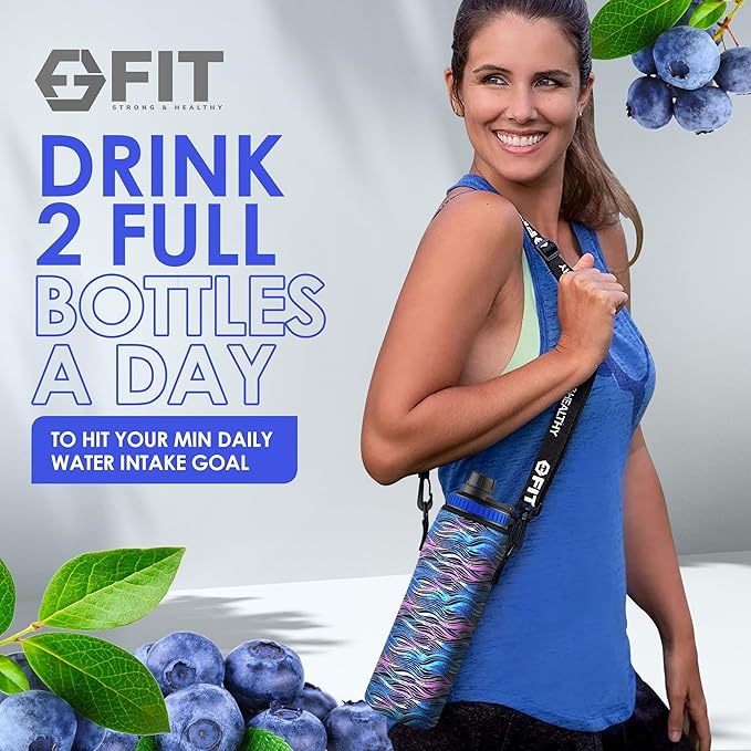 FIT Strong & Healthy 32 oz Glass Water Bottle with Straw Lid, Time Marker, Sleeve & Extra Lid - Motivational, Wide Mouth 1 Liter Glass Drinking Bottle