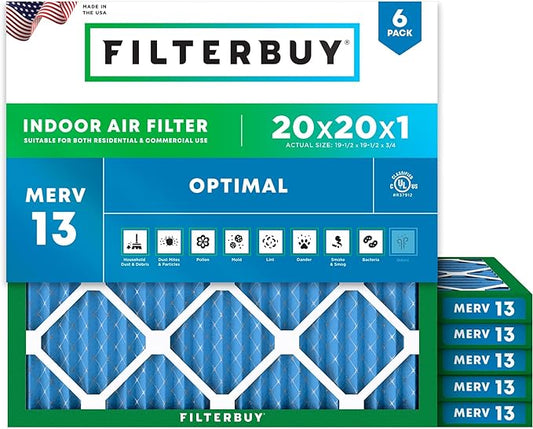 Filterbuy 20x20x1 Air Filter MERV 13 (MPR 1900) Health Defense Replacement (6-Pack), Electrostatic Pleated HVAC AC Furnace Filters, Made in USA (Actual Size: 19.50 x 19.50 x 0.75)