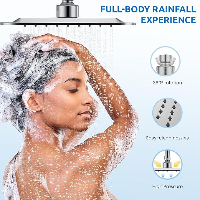 8" Dual Shower Head Combo, High Pressure Rainfall Shower Head with Handheld, 6 Spray Settings Angle Adjustable Handheld Shower Head with Pause, Height Adjustable, Chrome Silver
