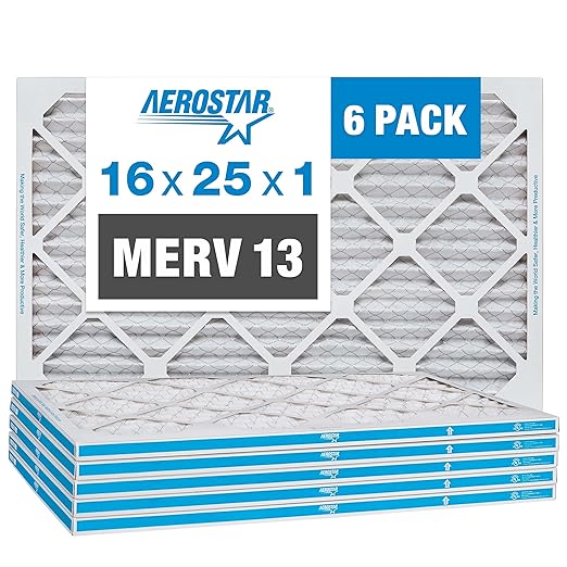 Aerostar 16x25x1 MERV 13 - 6 Count - Pleated HVAC, Furnace & Air Conditioner Filters - Removes Bacteria, Dust, Cold & Flu Germs, Lint, Mold, Pet Dander, Allergy-Causing Pollen, Smog, Smoke & Viruses