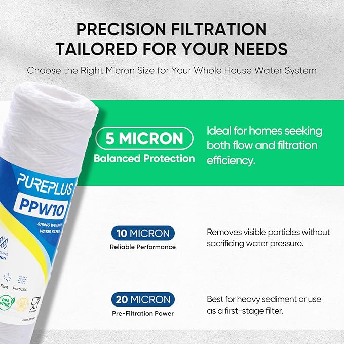 The 5 Micron 10" x 2.5" Whole House String Wound Sediment Filter is ideal for well water purification. It is a replacement cartridge for universal 10-inch RO systems