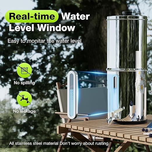 Purewell 1.0 Gallon Portable Gravity Water Filter System, 3-Stage 0.01μm Ultra-Filtration Countertop System with Water Level Window and Stand, Reduce 99% Chlorine, for Camping, RVing, Home (PW-1G-K)