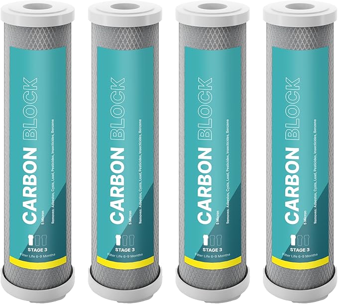 NU Aqua Reverse Osmosis Carbon Block Filter 10 Inch Replacement - 5 Micron Universal RO Water Filtration System Cartridge - 4 Pack of Premium Filters