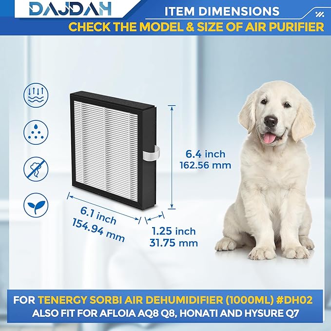 [UPGRADE] DH02 H13 HEPA Filter Compatible with Tenergy Dehumidifier Air Purifier Sorbi DH02 1000ML and Afloia Air Purifier Filter Replacement AQ8 Q8, Honati and Hysure Q7 with Activated Carbon, 4-Pack