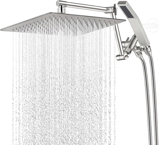G-Promise All Metal 12 Inches Rainfall Shower Head with Handheld Spray Combo, 3 Settings Diverter, Adjustable Extension Arm with Lock Joints, 71 Inches Stainless Steel Hose (Brushed Nickel)
