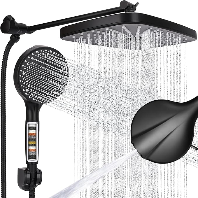 Shower Head 12'' High Pressure Rain Shower Head Combo, Filtered Handheld with 10 Water Spray, 3-Way Diverter Extension Arm Rainfall Showerhead, Adjustable Shower head with Anti-Clog Nozzles
