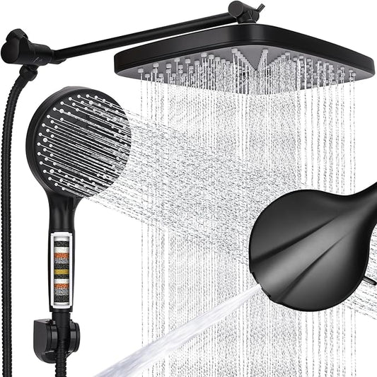 Shower Head 12'' High Pressure Rain Shower Head Combo, Filtered Handheld with 10 Water Spray, 3-Way Diverter Extension Arm Rainfall Showerhead, Adjustable Shower head with Anti-Clog Nozzles