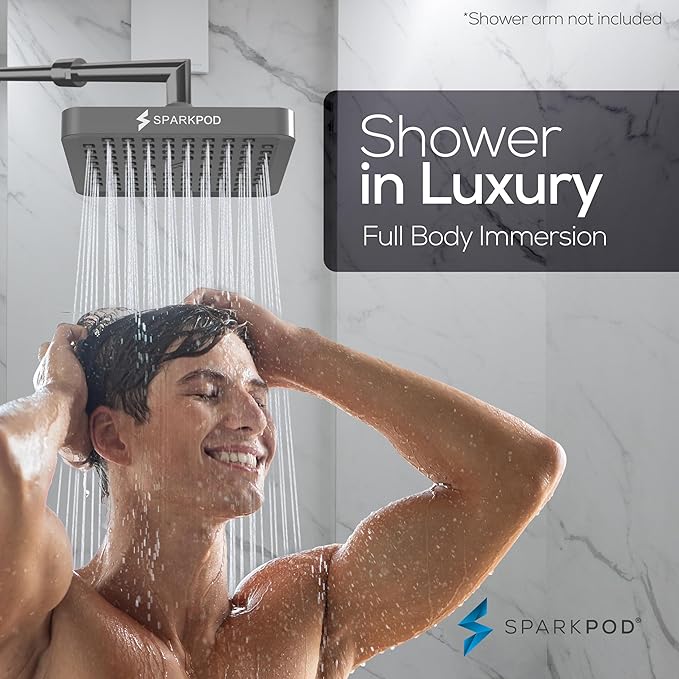 SparkPod Shower Head - High Pressure Rain - Premium Quality Luxury Design - 1-Min Install - Easy Clean Adjustable Replacement for Your Bathroom Shower Heads (Charcoal Grey, 6 Inch Square)