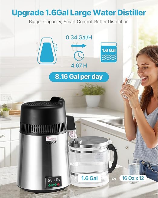 VEVOR Water Distiller, 6L 1.6 Gallon Larger Pure Water Purifier Filter For Home Table Countertop, 900W Glass Pot Distilled Maker, Stainless Steel Interior Drinking Machine to Make Clean Waters, Silver