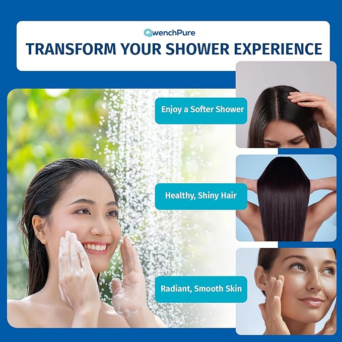 QwenchPure Shower Filter for Chlorine – High Output, 100% KDF-55, Removes Chlorine & Contaminants, Softens & Purifies Hard Water, Improves Skin & Hair, Easy Installation, Made for Hot Water