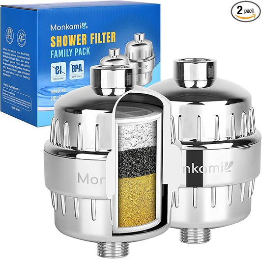 Heavy Duty Shower Filter - Monkami High Pressure Shower Head Filter For Hard Water, 99% Removal Chlorine, Fluoride & Heavy Metals - Chrome (2 QTY, HD-SF500)