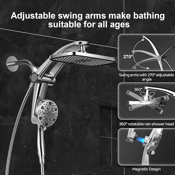 Rain Shower Head with Handheld High Pressure rainfall Shower Heads with Handheld Spray Combo Adjustable one-piece stand daul shower head Built-in Magnetic Docking and Power Jets