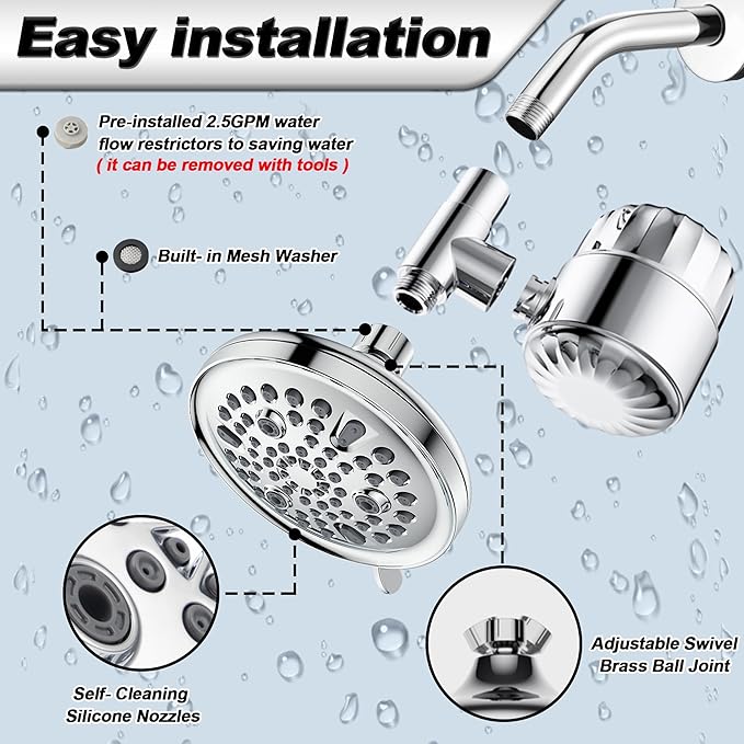 6" Filter Shower Head for Hard Water, 9 Setting Mode Shower Heads with Filters, Round Detachable Shower Head with Filter and Extra Replacement Filters, Chrome