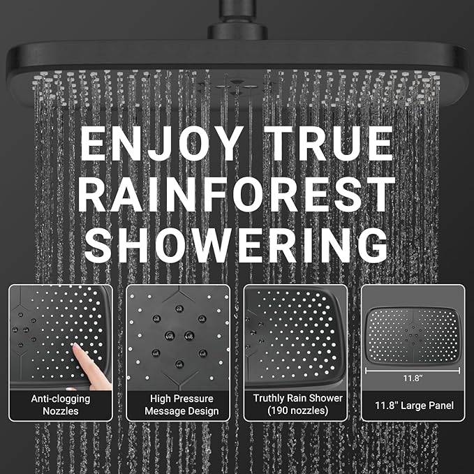 High Pressure Rain Shower Head with Handheld Spray Combo,10 Sprays Handheld Shower Head, Detachable Shower head Built-in Magnetic Docking and Power Jets (Black)