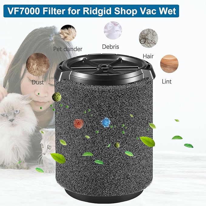 2 Pack VF7000 Replacement Filter for Ridgid Shop Vac, Compatible with Ridgid 5-20 Gallon and Husky 6-9 Gallon Wet/Dry Vacuum Cleaners Replacement Filters, Foam Wet Application Filter