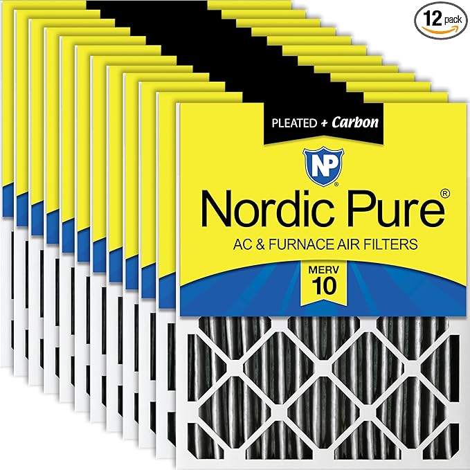Nordic Pure 14x25x2 (13 1/2 x 24 1/2 x 1 3/4) Furnace Air Filters MERV 10 Pleated Plus Carbon 12 Pack