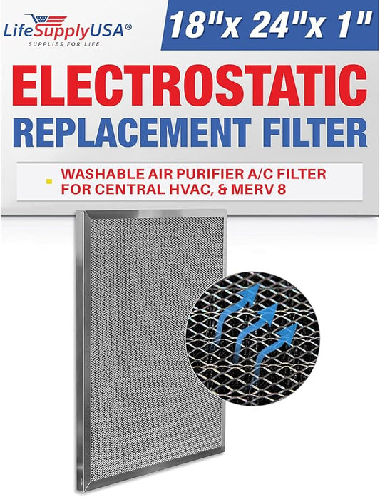 18x24x1 Electrostatic Air Filter, MERV 8, Washable, Reusable Furnace AC/HVAC Filter, Energy Saving, Easy to Clean, Long-Lasting by LifeSupplyUSA