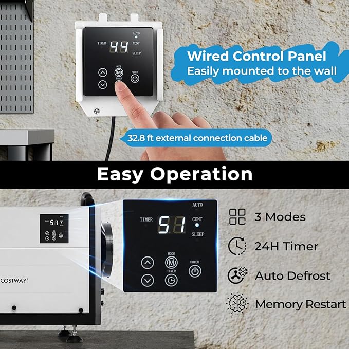COSTWAY 124 PPD Commercial Dehumidifier, 1300 Sq.Ft Crawl Space Dehumidifier with 9.8 FT Drain Hose & Wired Remote Control Panel, Ideal for Basement, Warehouse, Job Site (White)