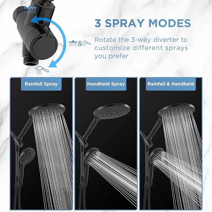 Dual Handheld Shower Head Combo, 2-in-1 Rain Shower Heads System 8 Inch Rainfall Shower Head and 10 Modes High Pressure Hand Held Showerhead with Built-in Power Wash