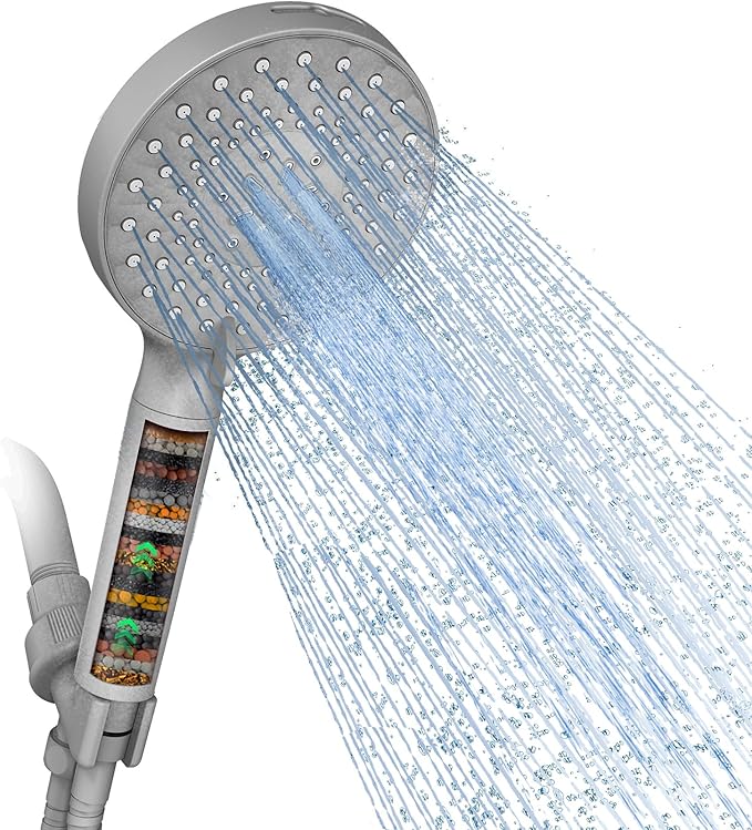 Filtered Shower Head with Handheld, High Pressure 9 Spray Mode Gunmetal Grey Showerhead With Filters,Detachable Shower Head,Water Softener Filters Beads For Hard Water