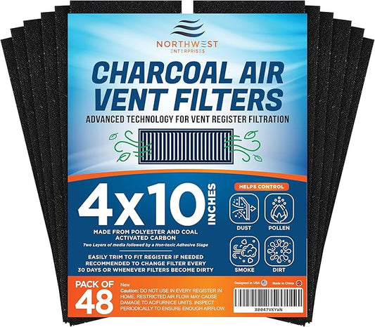 Activated Carbon Air Vent Filters for Home - 4" x 10" Dust Control - Air Filter Freshener for Home Vents to Purify Indoor Air and Homes - Register Filters for Floor Vents (48-Pack)