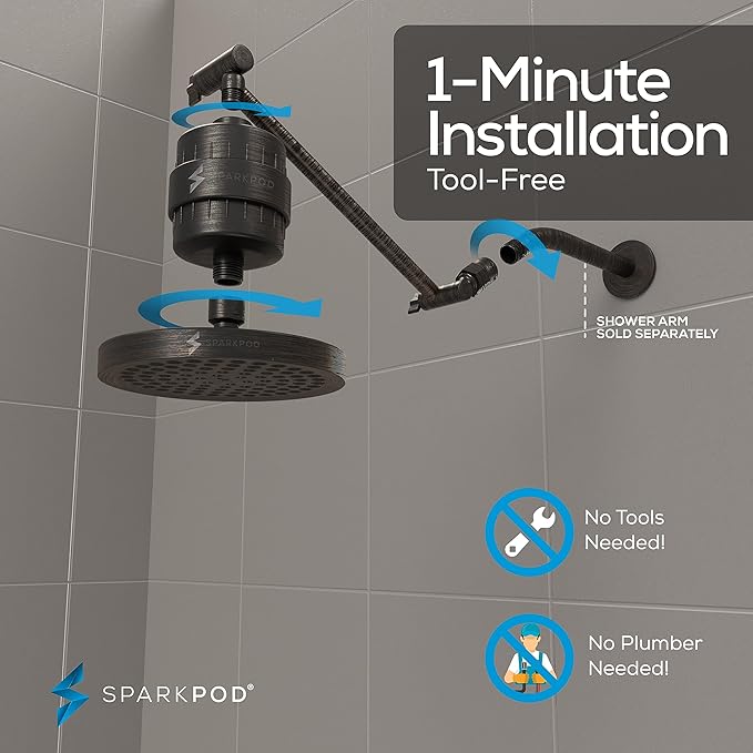 SparkPod 6" High Pressure Rain Shower Head with 23 Stage Filter Capsule & 11 Inch Adjustable Shower Arm Extension - Shower Filter Reduces Chlorine for Smoother Hair & Skin (Round, Oil-Rubbed Bronze)