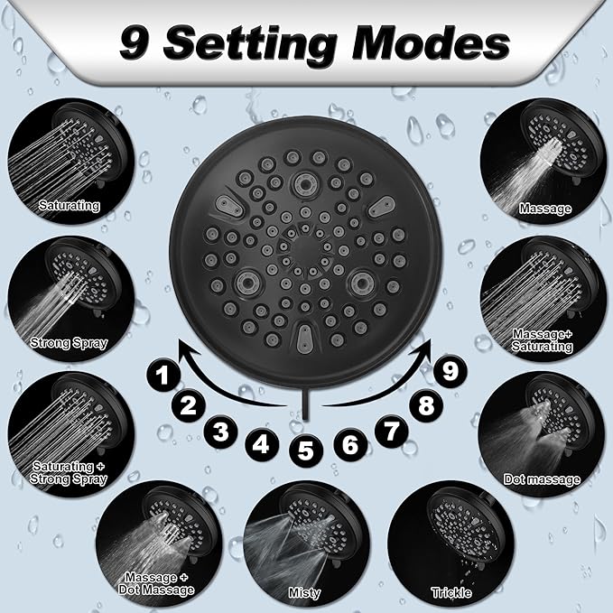 6 Inch Shower Head with Filter - 9 Spray Modes Fixed Water Saving Shower Heads with 2.5 GPM Restrictor, Hard Water Filtering Shower Head to Remove Toxic Chemicals, Matte Black