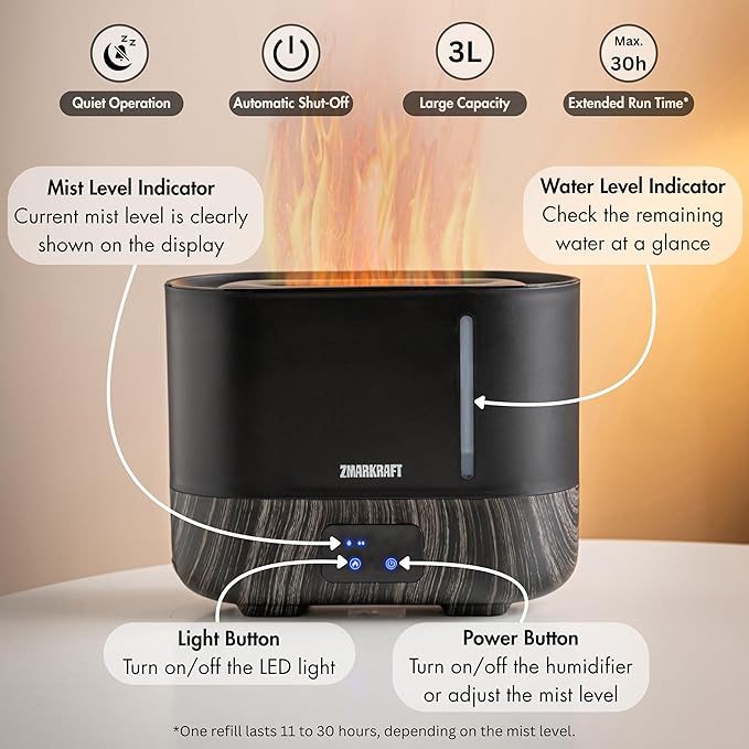 ZMARKRAFT® 3L Large Humidifier with Special Flame Light Effect, Quiet Ultrasonic Humidifying, Top Fill and Adjustable Mist Level, Cool Mist Humidifier for Any Season for Bedroom and Living Room