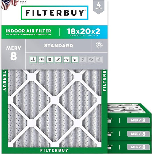 Filterbuy 18x20x2 Air Filter MERV 8 (MPR 700) Dust Defense Replacement (4-Pack), Electrostatic Pleated HVAC AC Furnace Filters, Made in USA (Actual Size: 17.50 x 19.50 x 1.75)