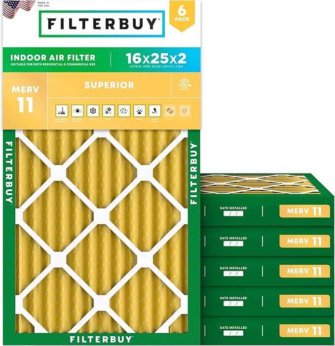 Filterbuy 16x25x2 Air Filter MERV 11 (MPR 1200) Allergen Defense Replacement (6-Pack), Electrostatic Pleated HVAC AC Furnace Filters, Made in USA (Actual Size: 15.50 x 24.50 x 1.75)