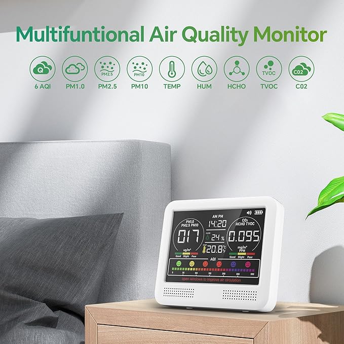 16-in-1 Air Quality Monitor Indoor with 7AQI Beep Alarm, CO2 Monitor, Air Quality Detector with PM1.0 | PM2.5 | PM10 | Temp | HUM | Formaldehyde | VOC Tester for Home Office Plant (White)