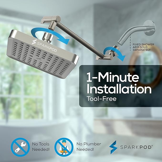 SparkPod Square Rain Shower Head with Extension Arm - Height Adjustable Shower Head with High Pressure Performance - Easy 1-Minute Installation (11" Arm Extension, Elegant Brushed Nickel)