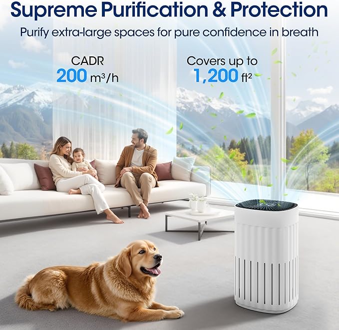 HEPA Air Purifiers for Home Large Room Up to 1200 ft², Upgrade Carbon Air Purifier for Pets, Filters Up To 99.9% of Smoke, Dust, Odor, Quiet Air Purifier with Sleep Mode, Timer, CADR 200
