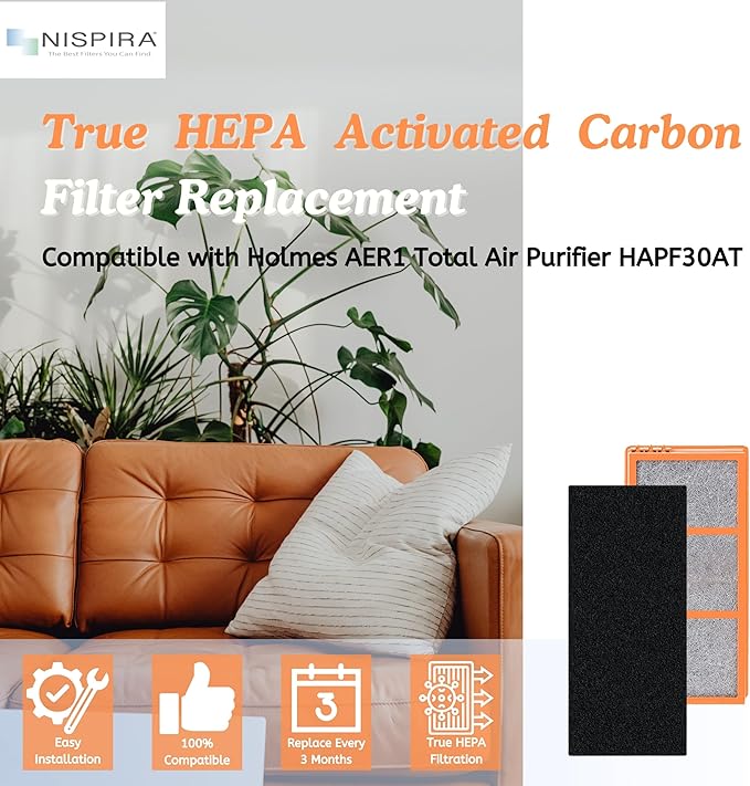 Nispira AER1 Filter Replacement for Holmes Air Purifier Smoke Grabber HAPF30AS-U4R HAPF30AT Odors Dust VOCs Remover 1.2 x 10 x 4.6 Inches, 4 Packs. (HEPA + Carbon)
