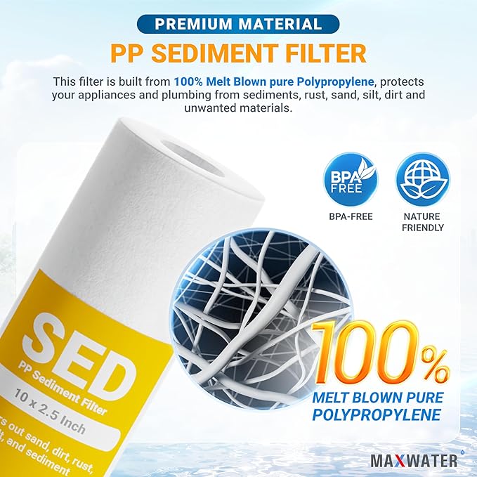 Max Water 10 inch x 2.5 inch, 5 Micron Replacement Sediment Water Filter Cartridge for Whole House, Melt Blown Filtration Fiber for P5, AP110, WHKF-GD05, 25- Pack