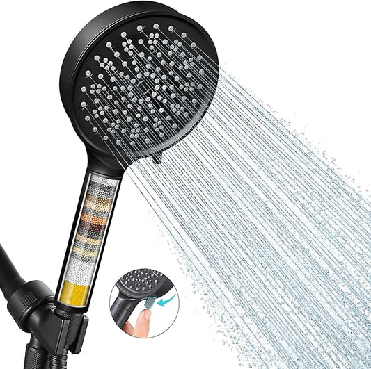 Cobbe Filtered Shower Head with Handheld, High Pressure 6 Spray Mode Showerhead with Filters, Water Softener Filters Beads for Hard Water - Remove Chlorine - Black