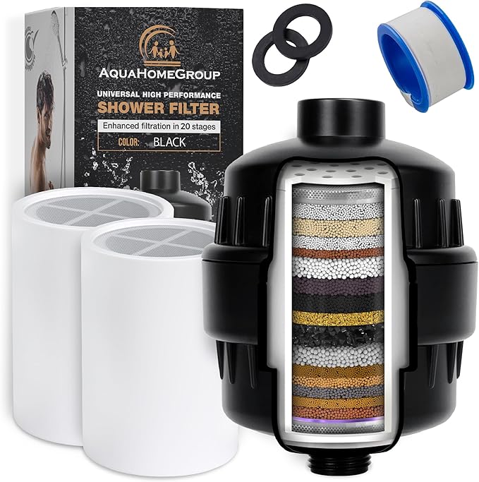 AquaHomeGroup 20 Stage Shower Filter with Vitamin C E for Hard Water - High Output Shower Water Filter to Remove Chlorine and Fluoride - 2 Cartridges Included -Consistent Water Flow Showerhead Filter