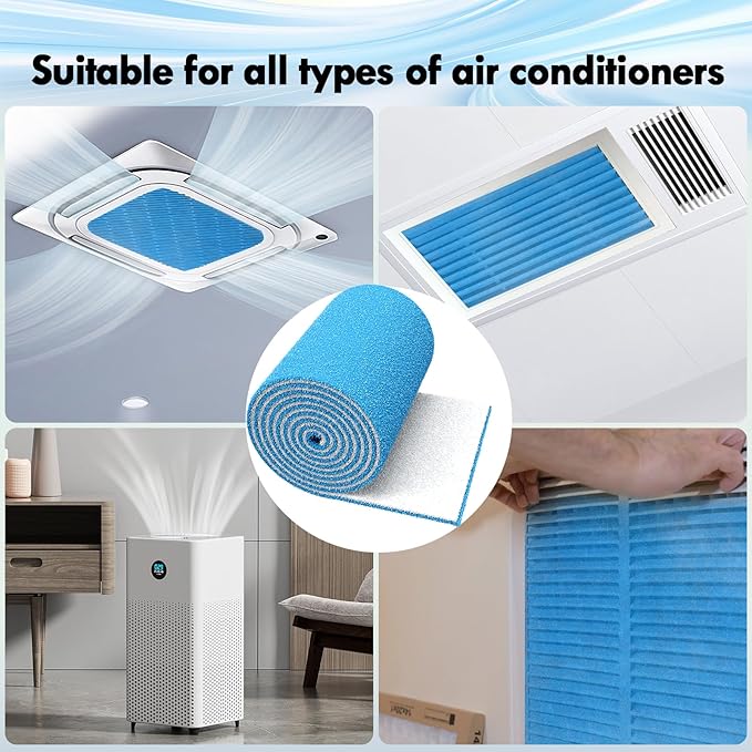 2PCS 12 x 140" Air Vent Filters, Cut-to-Size MERV 8 Filter Material, Triple Layer HVAC Furnace Vent Filters for Home, Floor, Ceiling, Grilles - Includes 48PCS Adhesive Hook Tape.